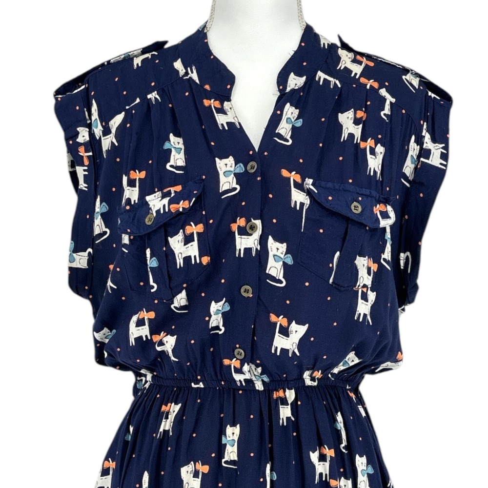 Angie Navy Blue Cat Print Dress Large Sleeveless Button Front Indie Cottage Twee - Picture 2 of 7